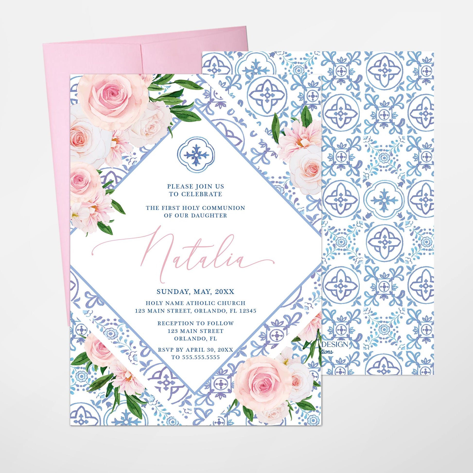 Floral First Communion Invitation, Blue Tile Design