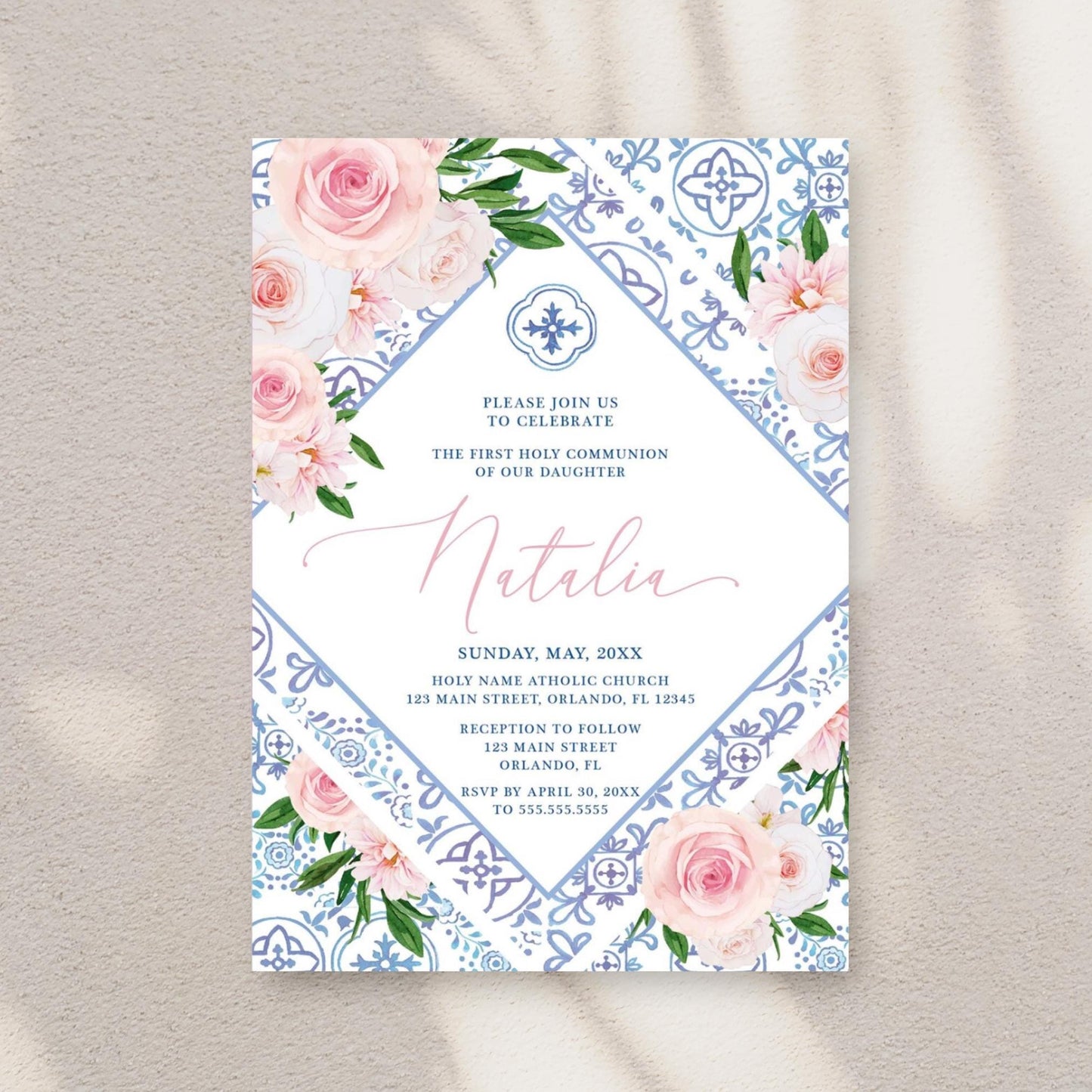Floral First Communion Invitation, Blue Tile Design