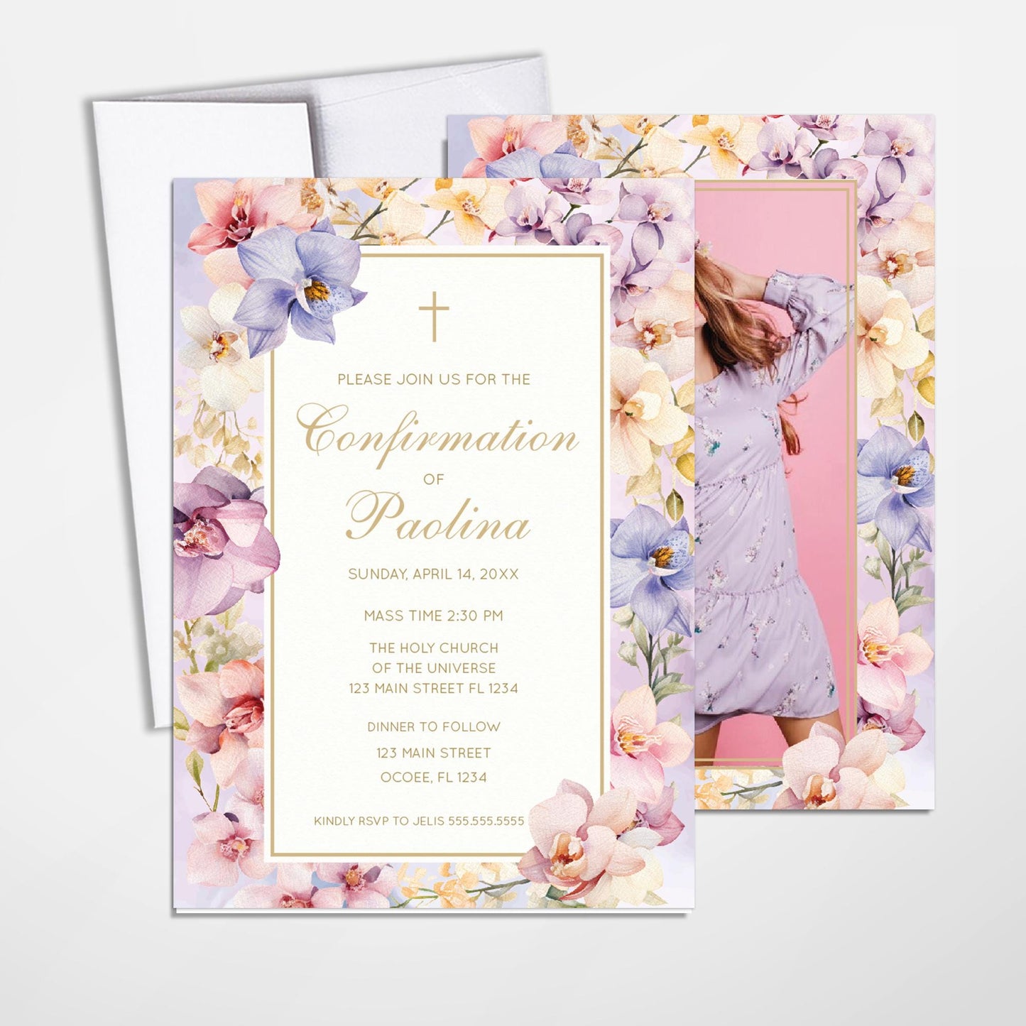 Floral Orchids Confirmation Invitation, Elegant Lilac Design