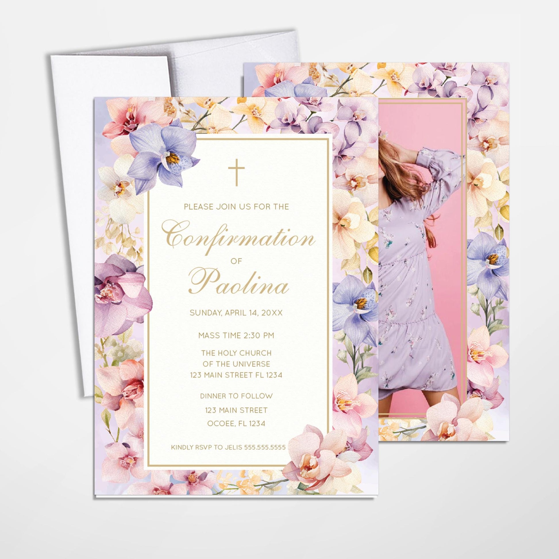 Floral Orchids Confirmation Invitation, Elegant Lilac Design