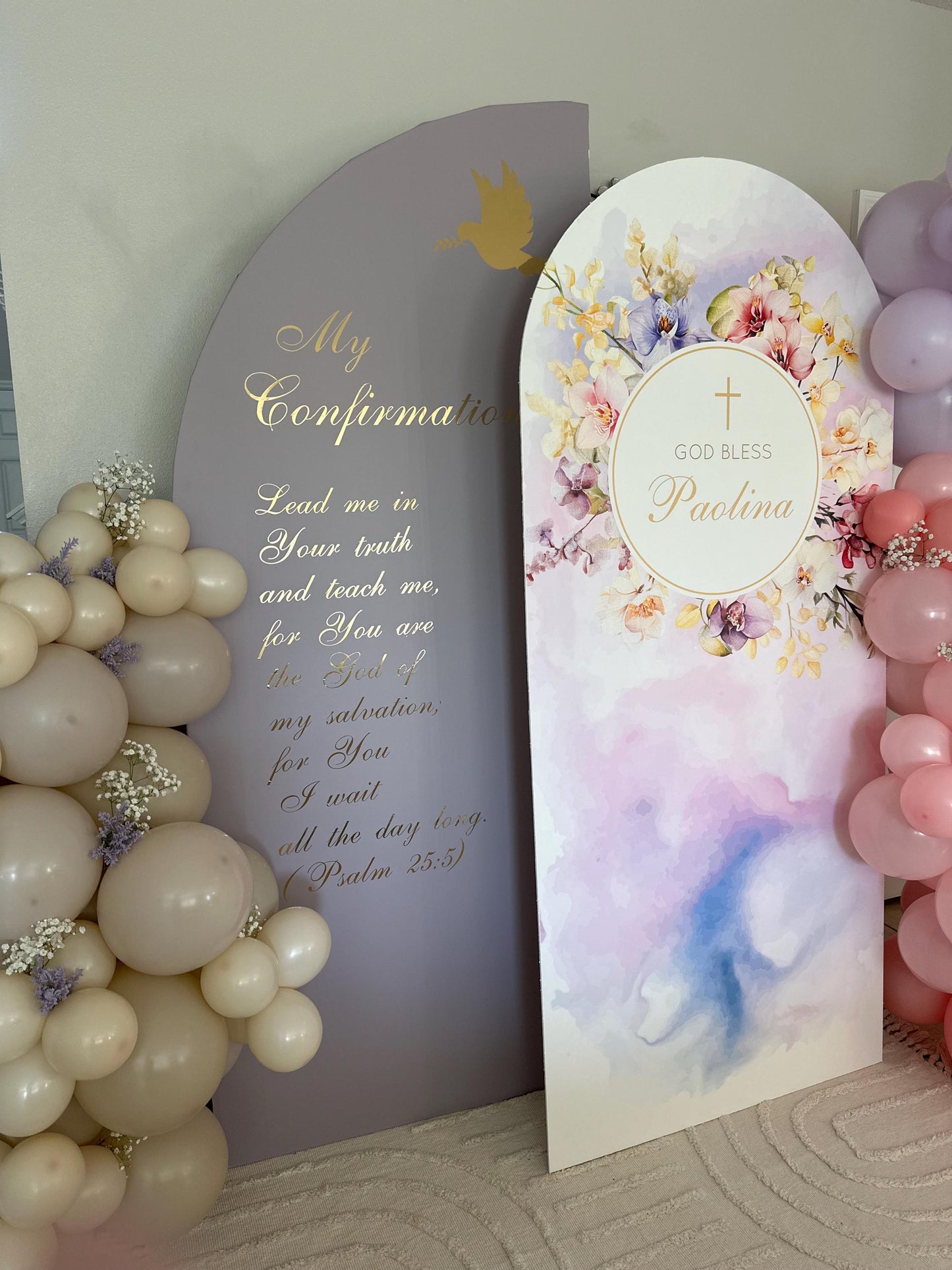Orchid First Communion Backdrop, Arched Foam Board Sign