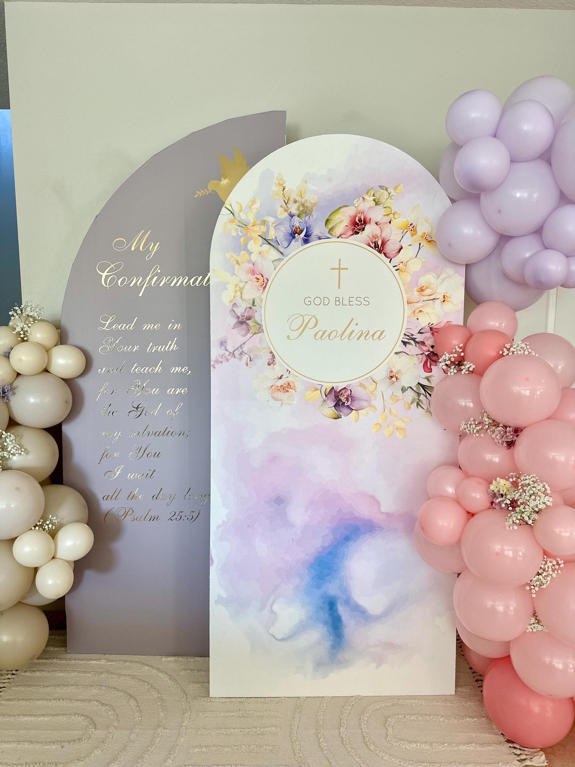Orchid First Communion Backdrop, Arched Foam Board Sign