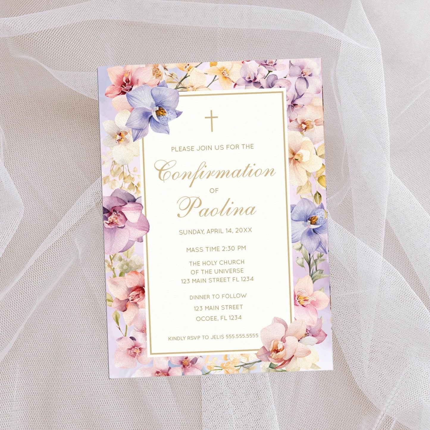 Floral Orchids Confirmation Invitation, Elegant Lilac Design