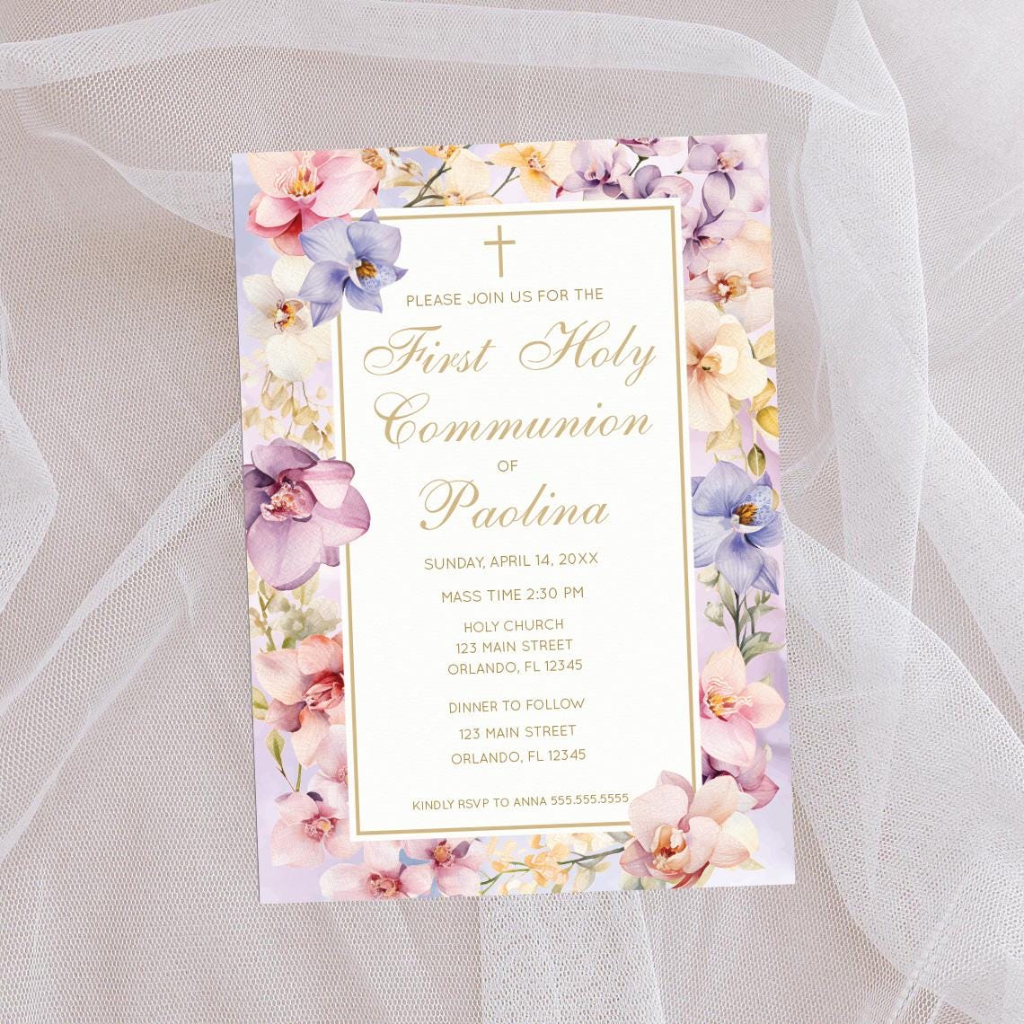 Floral Orchids Confirmation Invitation, Elegant Lilac Design