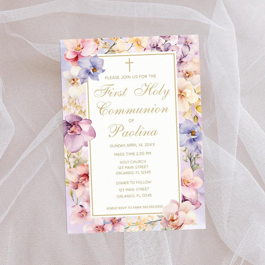 Floral Orchids First Communion Invitation, Lilac, Elegant Cards