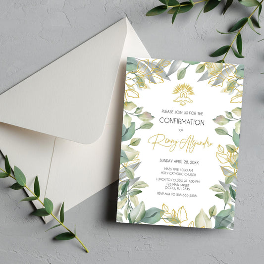 Greenery Dove Confirmation Invitation, Elegant Gold Religious Design