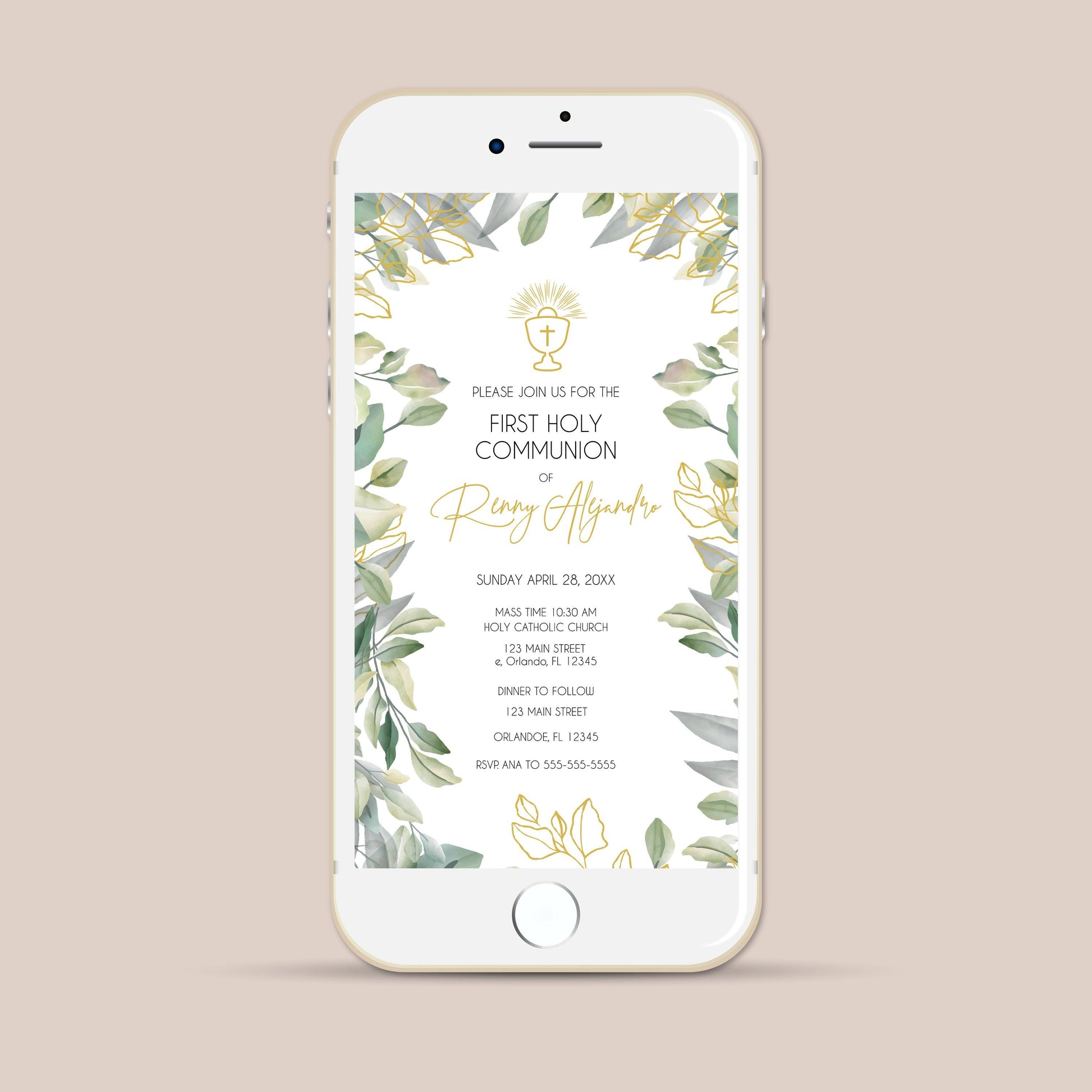 Greenery Dove Confirmation Invitation, Elegant Gold Religious Design