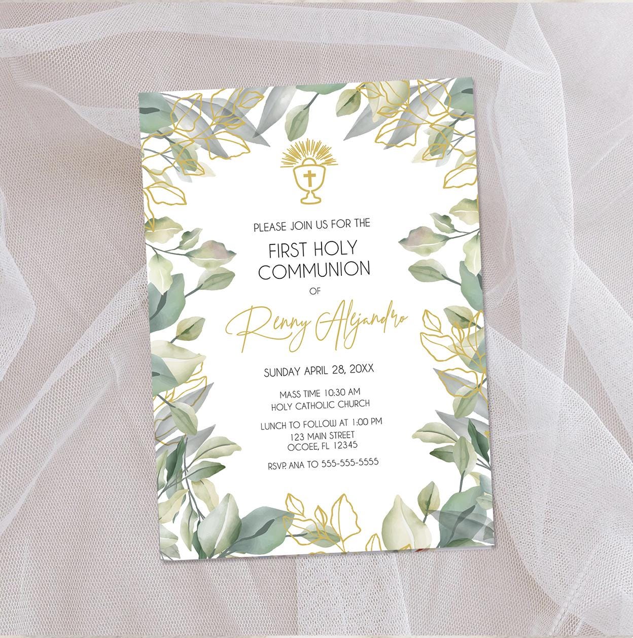 Greenery Dove First Communion Invitation, Elegant Gold Religious Event