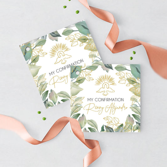 Watercolor Greenery Favor Tags | Personalized First Communion, Baptism