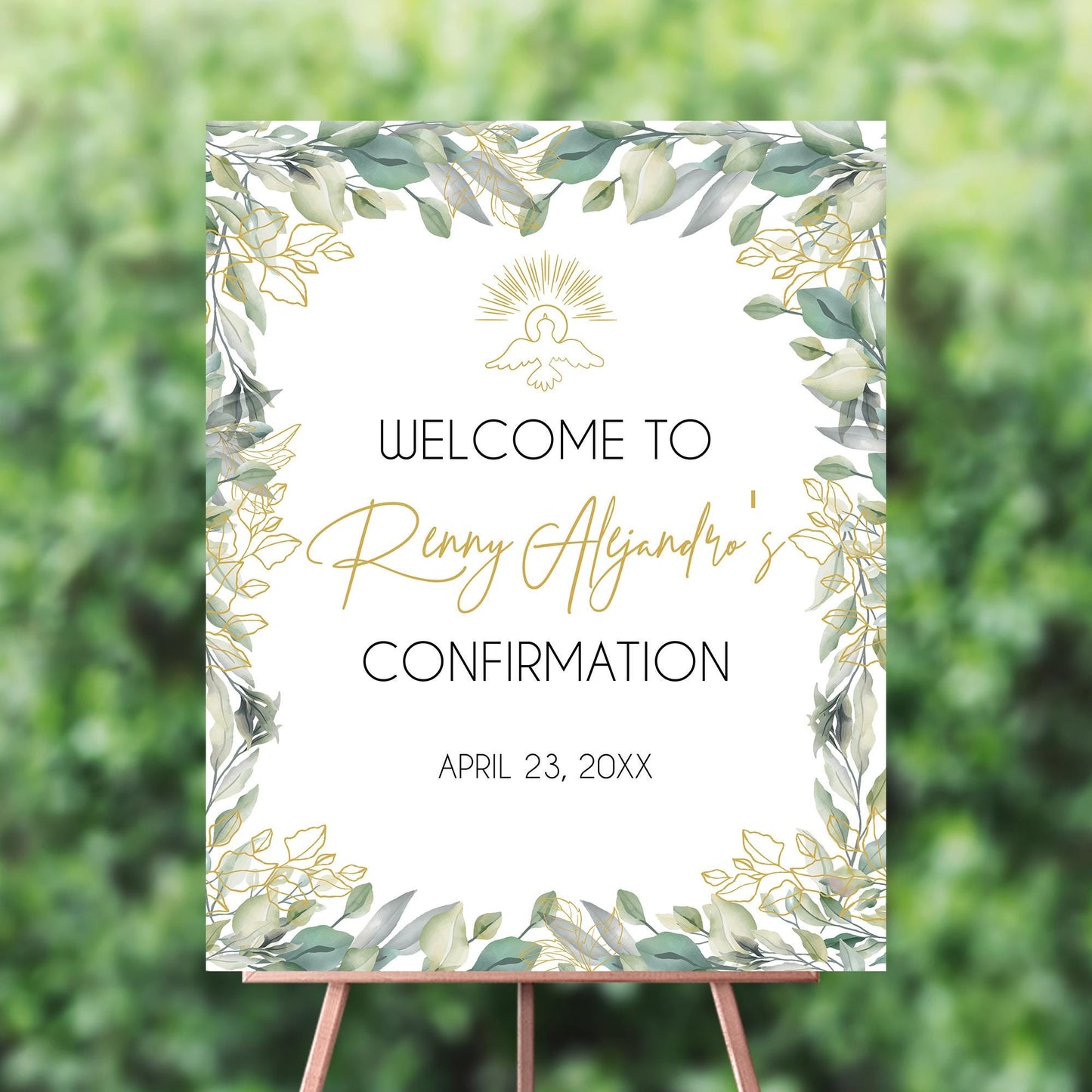 Personalized Greenery Welcome Sign, Gold Text, First Communion, Confirmation