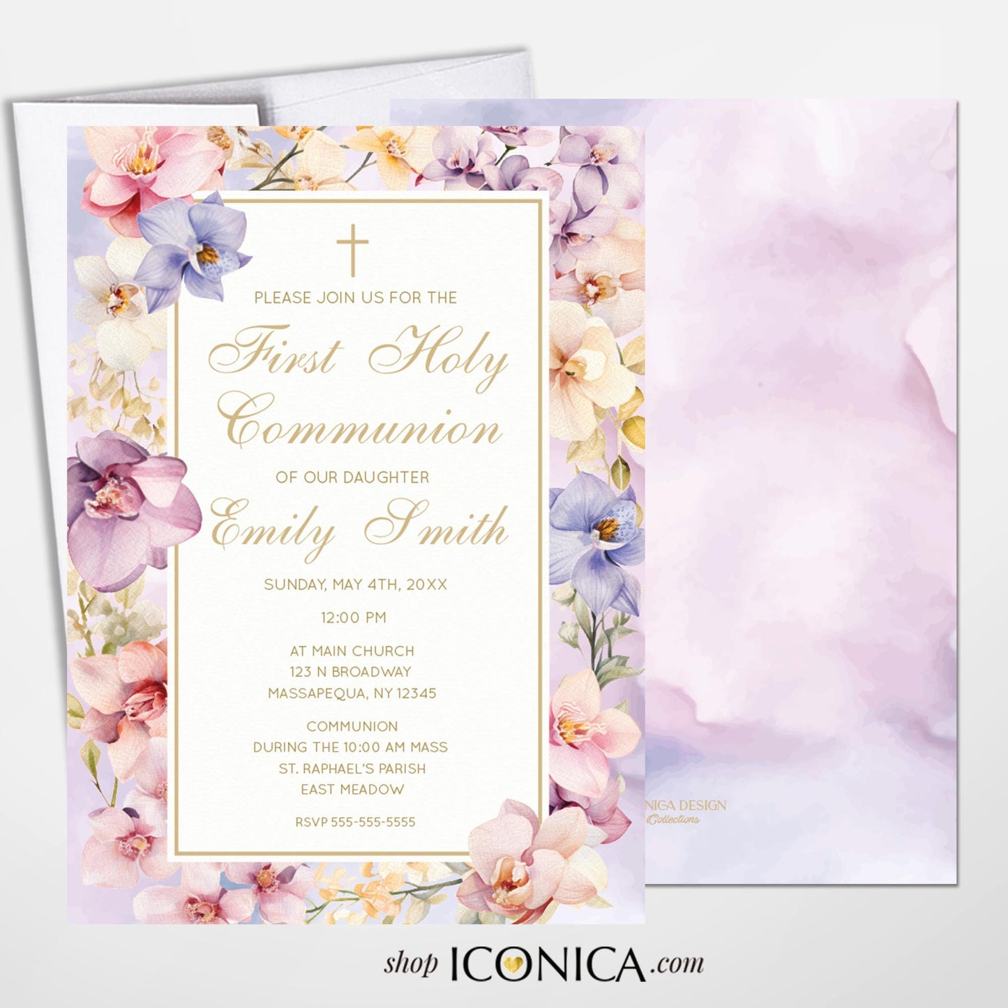 Floral Orchids First Communion Invitation, Lilac, Elegant Cards