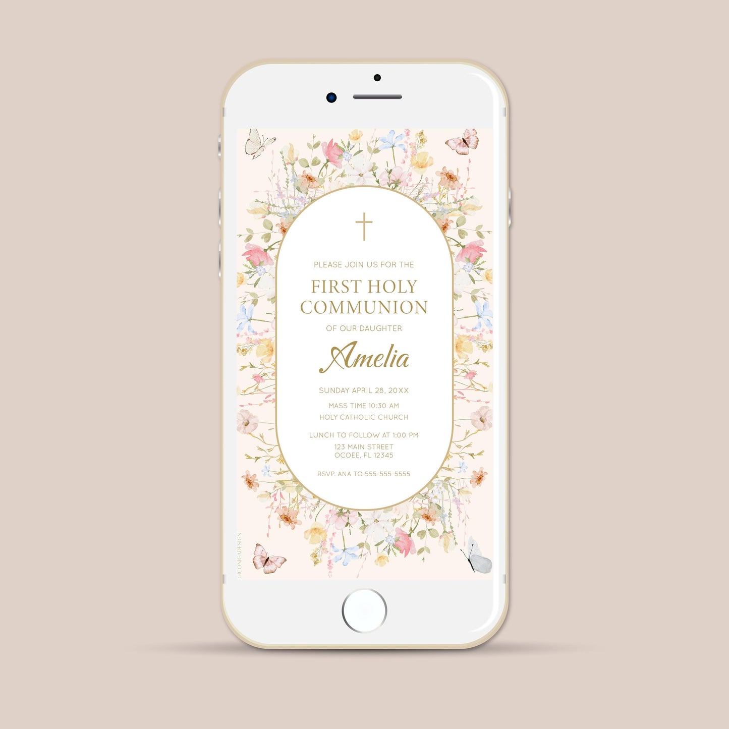 Floral Butterfly First Communion Invitation, Wildflower Holy Communion Invite, Elegant Religious Card (Digital Download)