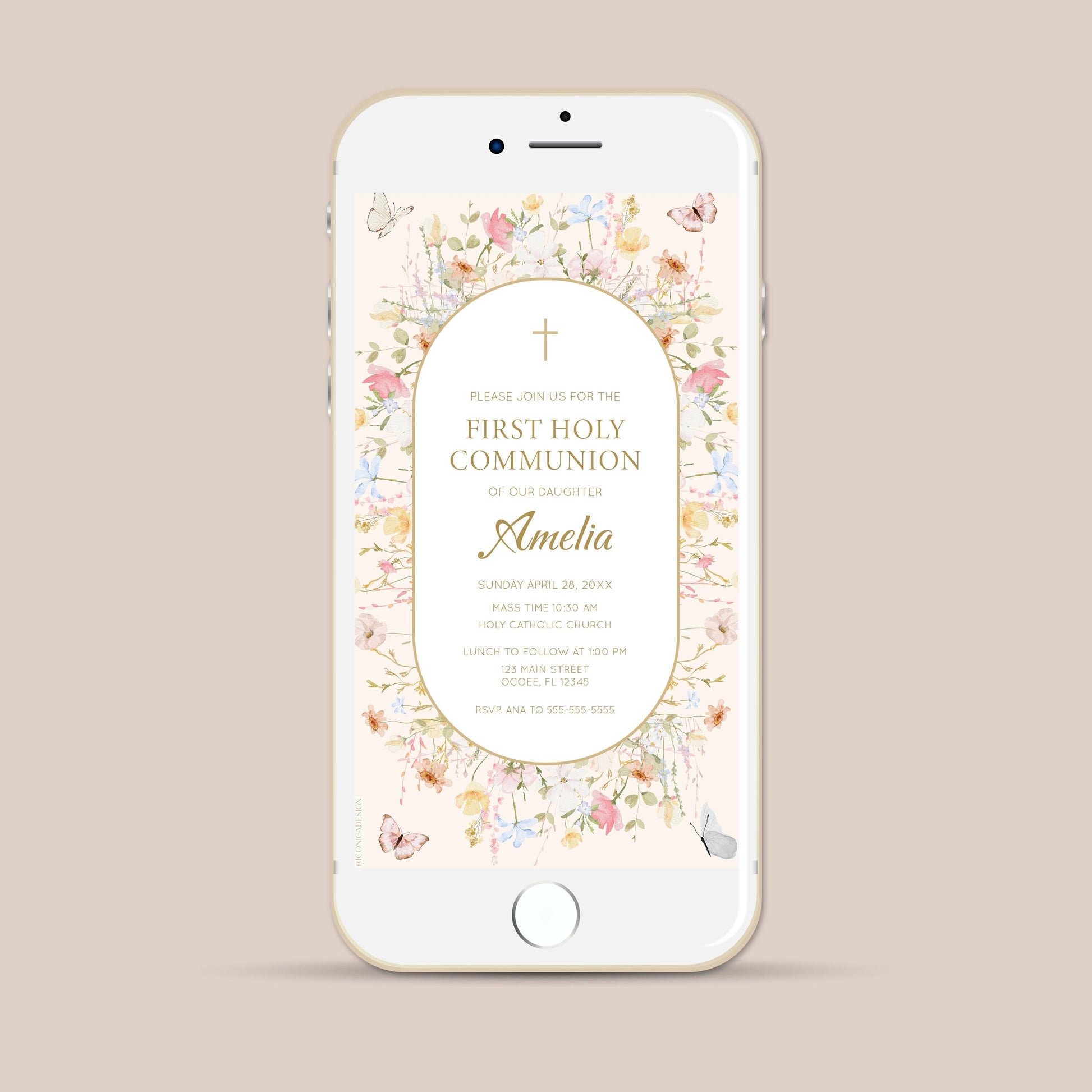 Floral Butterfly First Communion Invitation, Wildflower Holy Communion Invite, Elegant Religious Card (Digital Download)