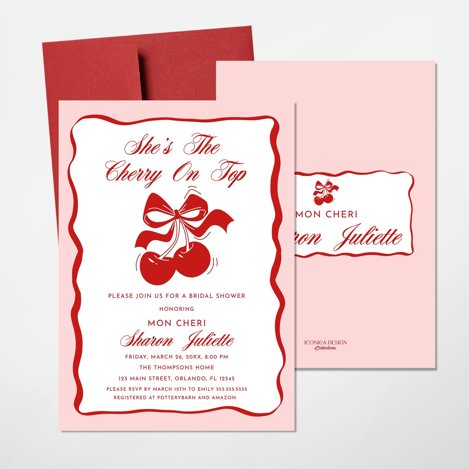 Cherry Bridal Shower Invitation, She is the Cherry On Top, Pink & Red