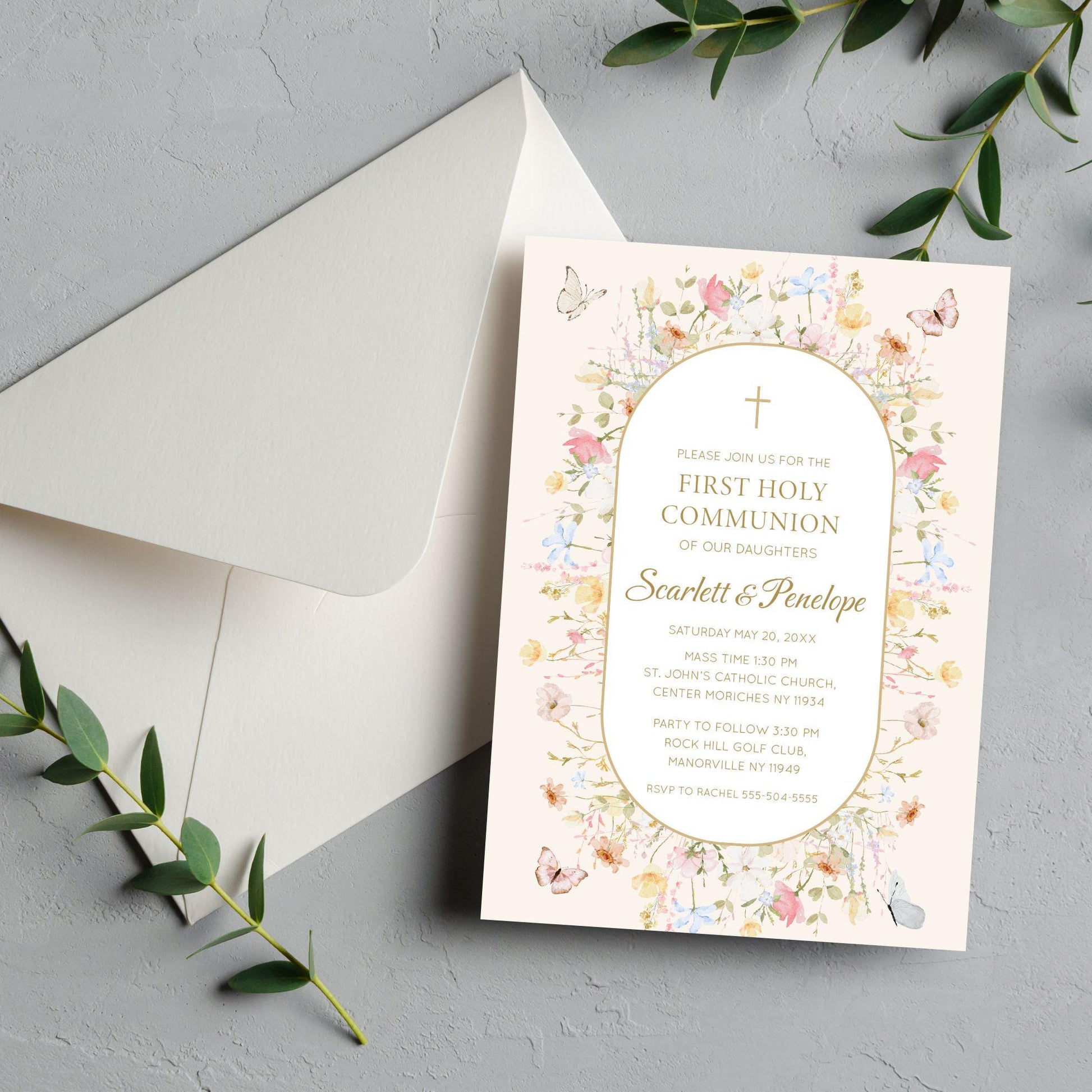 Wildflower First Communion Invitation Girl, Butterfly and Bow Design, Personalized