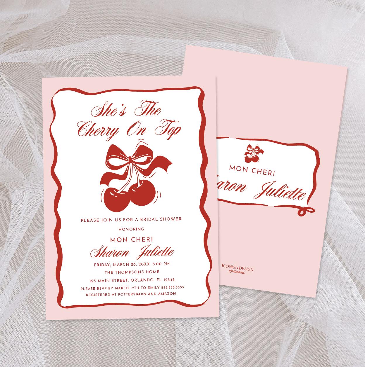 Cherry Bridal Shower Invitation, She is the Cherry On Top, Pink & Red