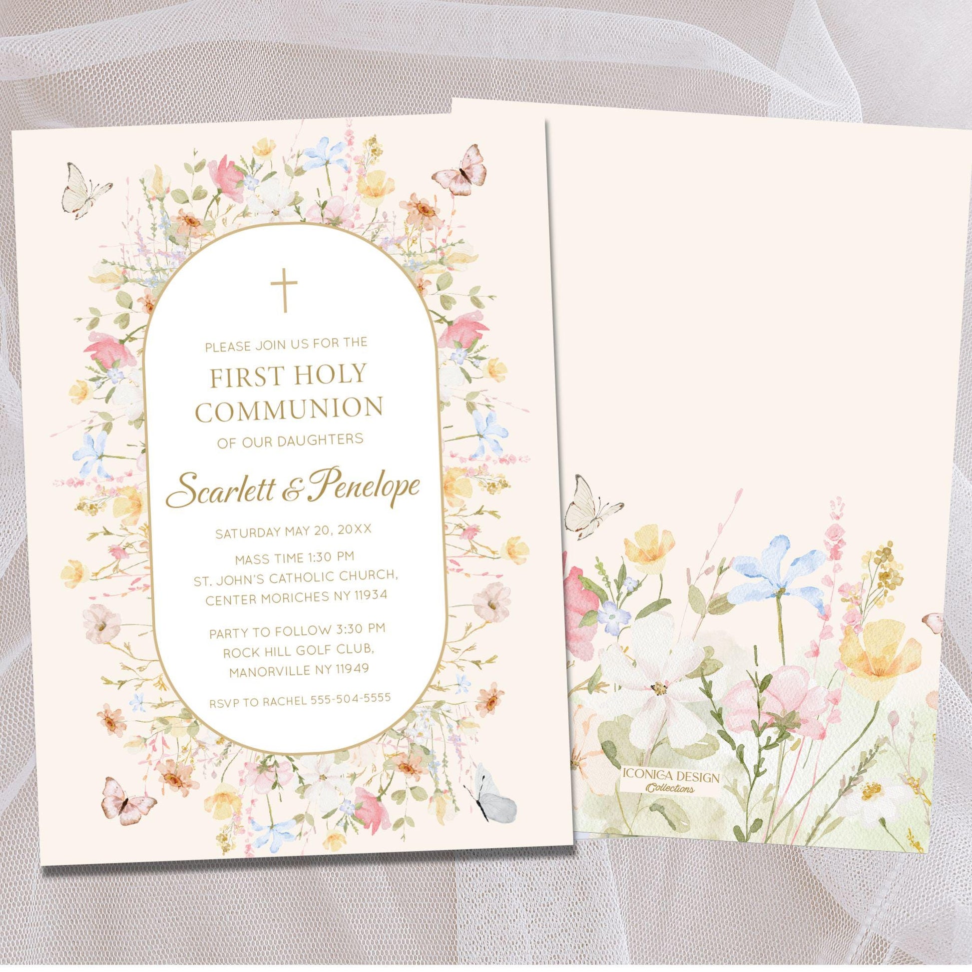 Floral Butterfly First Communion Invitation, Wildflower Holy Communion Invite, Elegant Religious Card (Digital Download)