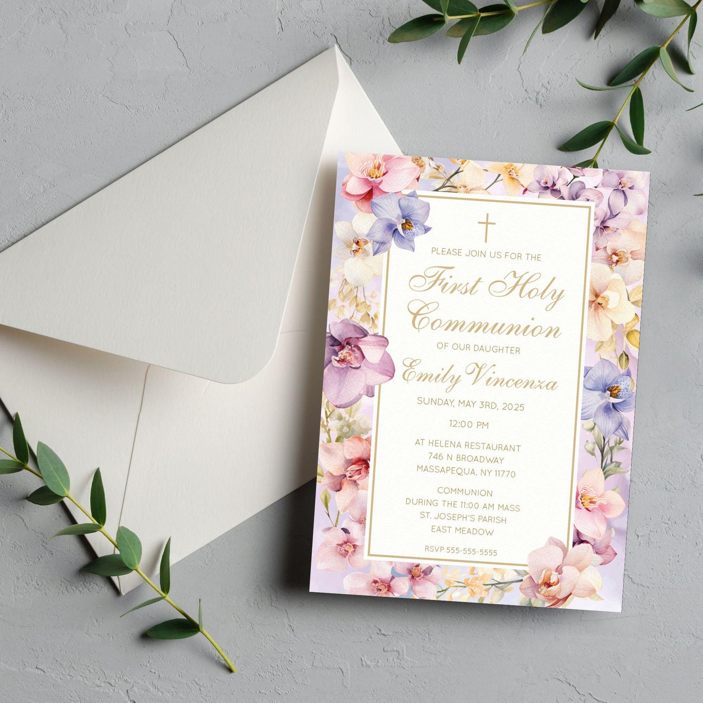 First Communion Floral Cards for Girls, Thank you cards, printed or DIY Elegant Orchids Lilac Floral Design, Personalized Cards any Event