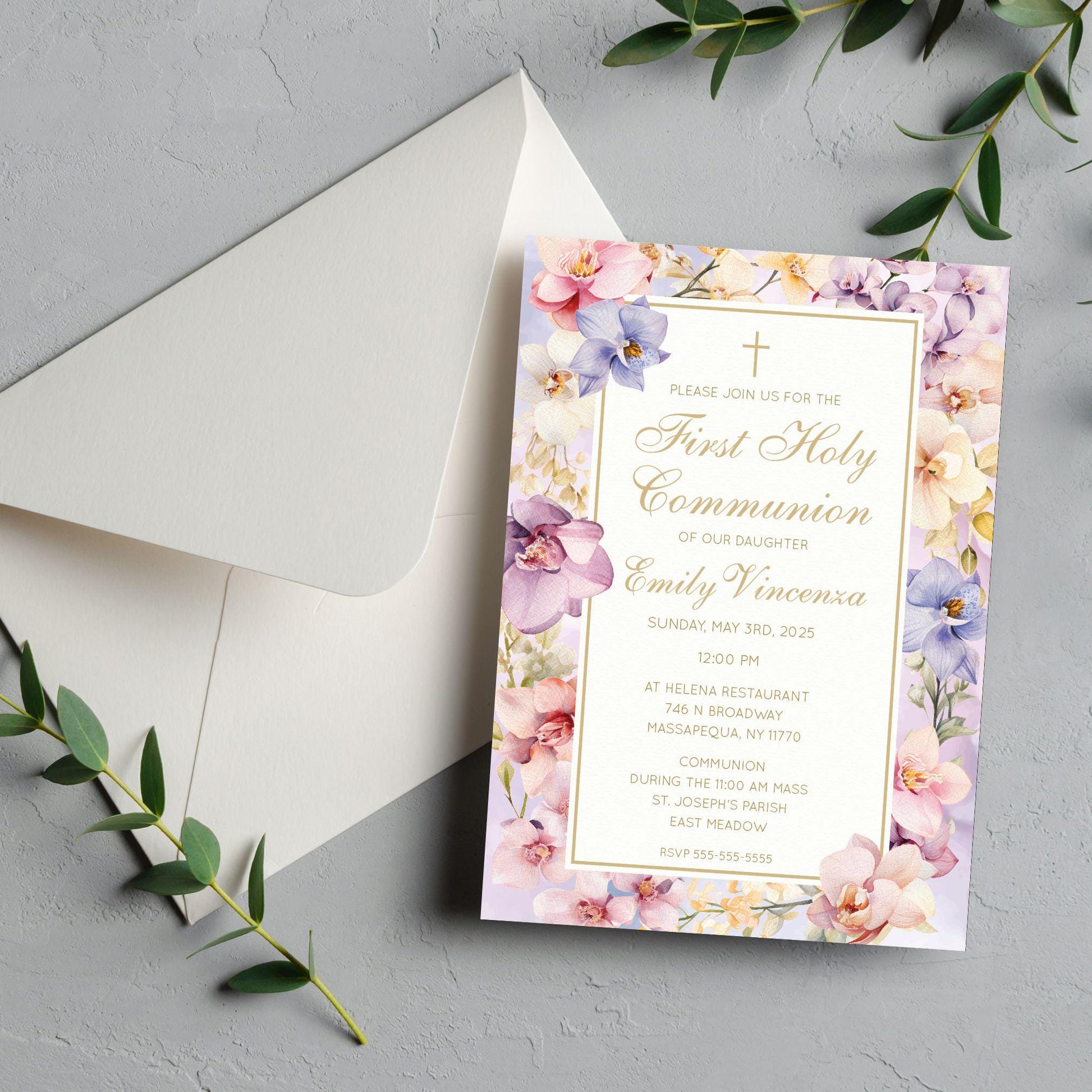 First Communion Floral Cards for Girls, Thank you cards, printed or DIY Elegant Orchids Lilac Floral Design, Personalized Cards any Event
