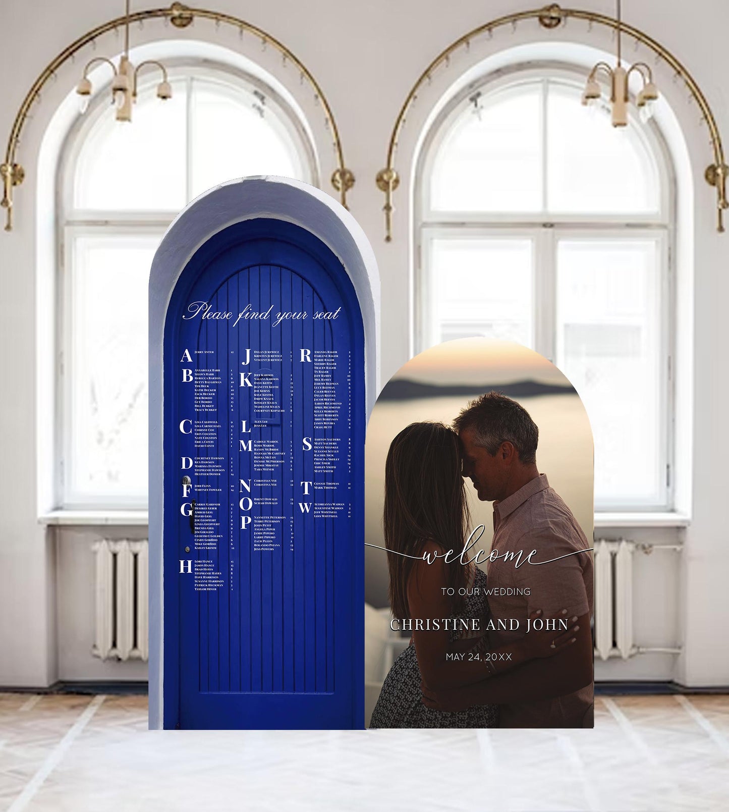 Mediterranean Wedding Arch Sign, Santorini Blue Tiles, Custom Photo & Colors