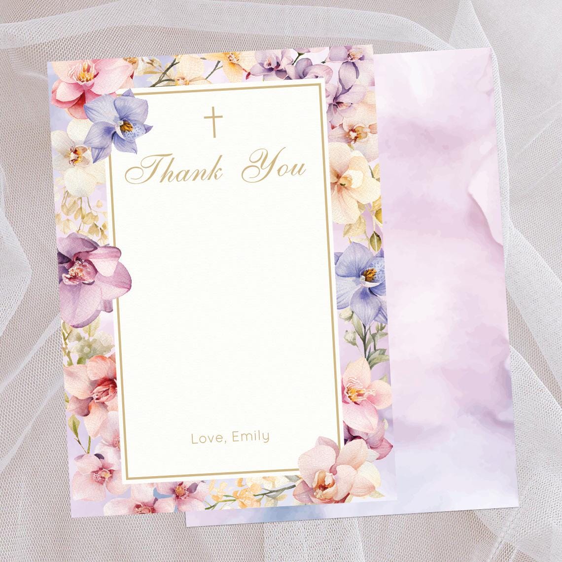 First Communion Floral Cards for Girls, Thank you cards, printed or DIY Elegant Orchids Lilac Floral Design, Personalized Cards any Event