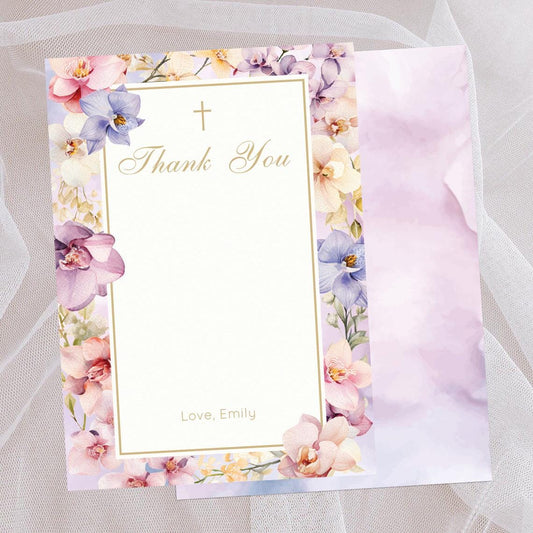 First Communion Floral Cards for Girls, Thank you cards, printed or DIY Elegant Orchids Lilac Floral Design, Personalized Cards any Event