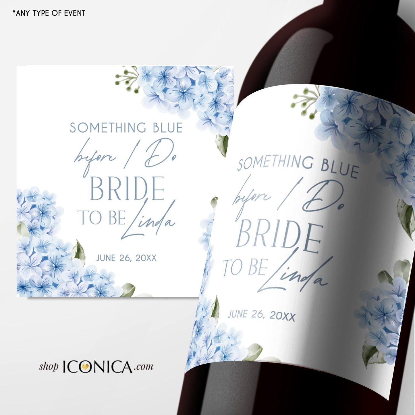 Bride to Be Wine Label, Something Blue Hydrangeas, Personalized Champagne Sticker