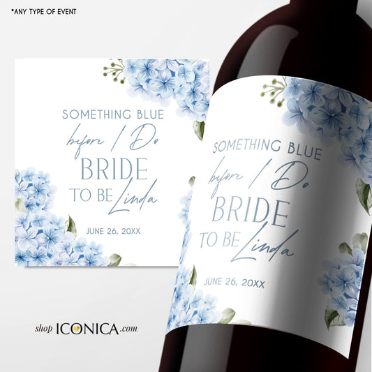 Bride to Be Wine Label, Something Blue Hydrangeas, Personalized Champagne Sticker