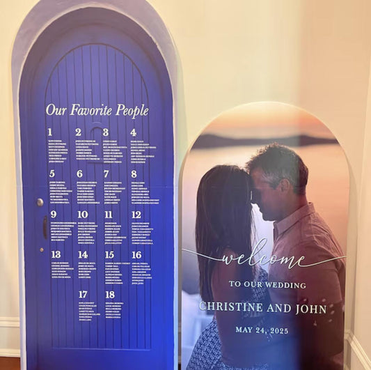 Mediterranean Wedding Arch Sign, Santorini Blue Tiles, Custom Photo & Colors