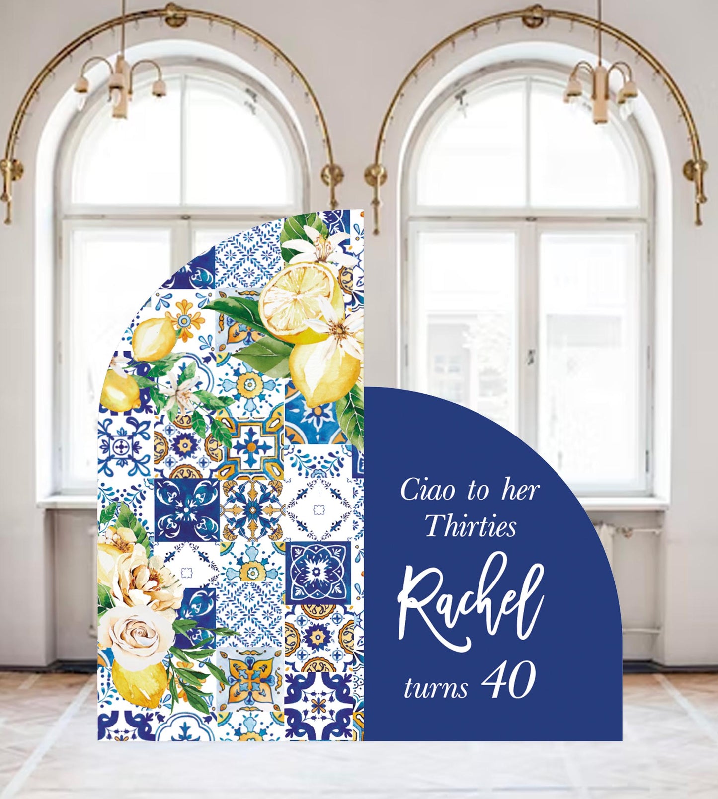 Amalfi Lemon Birthday Arch Sign, Italian Tile, Custom Party Backdrop