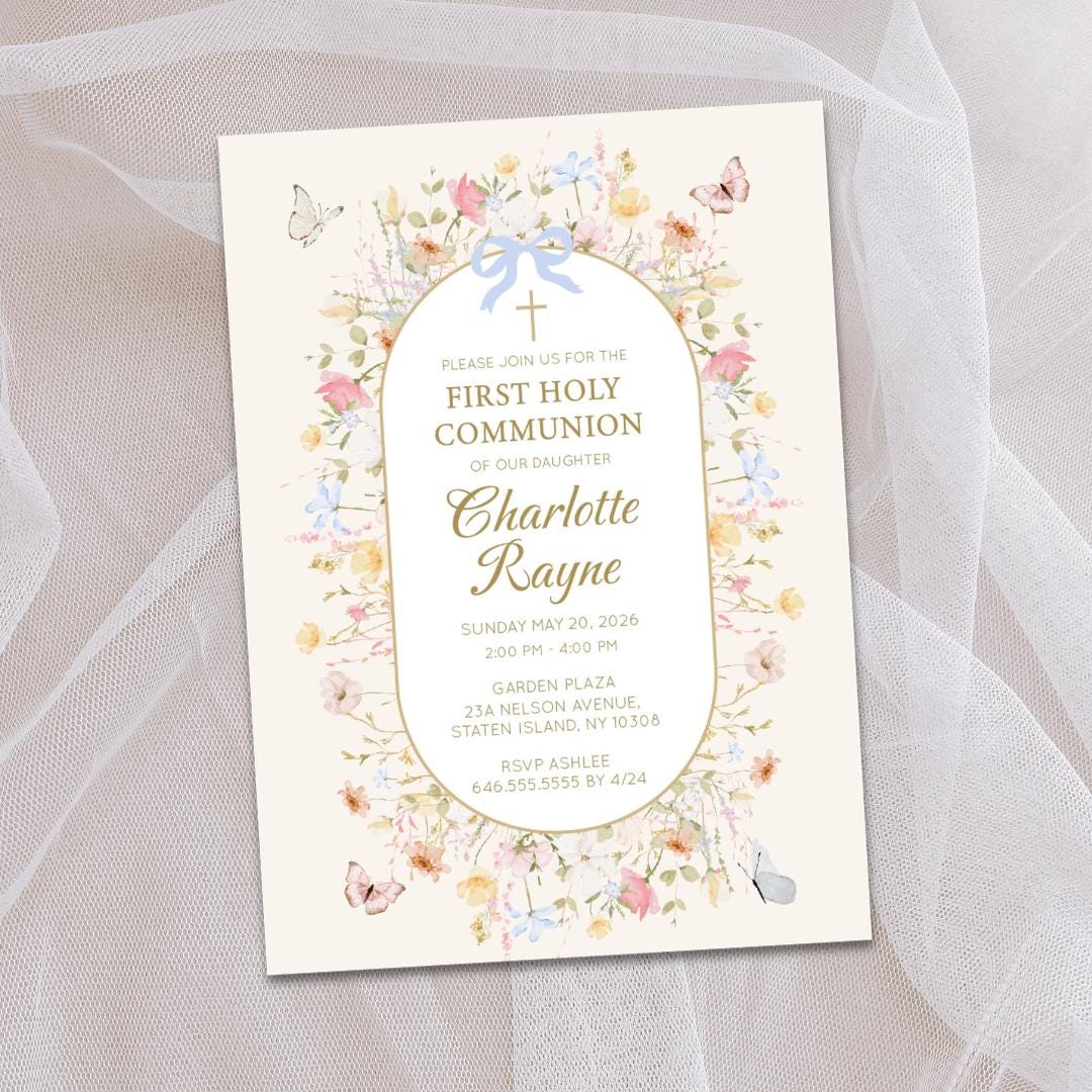 Wildflower First Communion Invitation Girl, Butterfly and Bow Design, Personalized