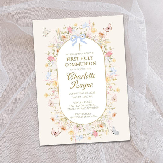 Wildflower First Communion Invitation Girl, Butterfly and Bow Design, Personalized