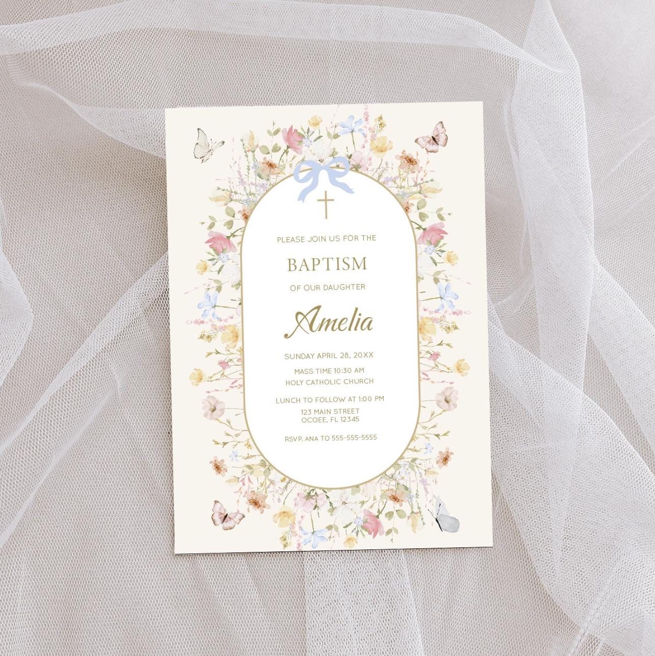 Wildflower First Communion Invitation Girl, Butterfly and Bow Design, Personalized