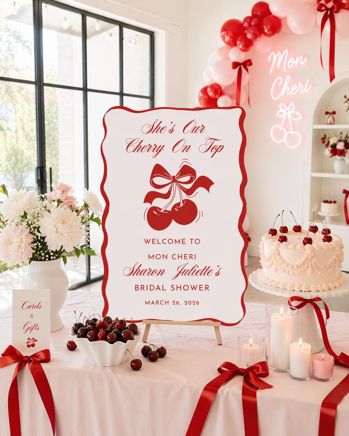 Cherry Bridal Shower Welcome Sign, Custom "She's the Cherry On Top" Personalized Printed Poster