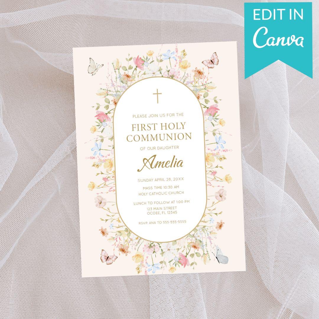 Floral Butterfly First Communion Invitation, Wildflower Holy Communion Invite, Elegant Religious Card (Digital Download)