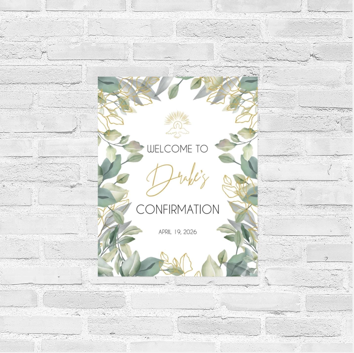 Personalized Greenery Welcome Sign, Gold Text, First Communion, Confirmation