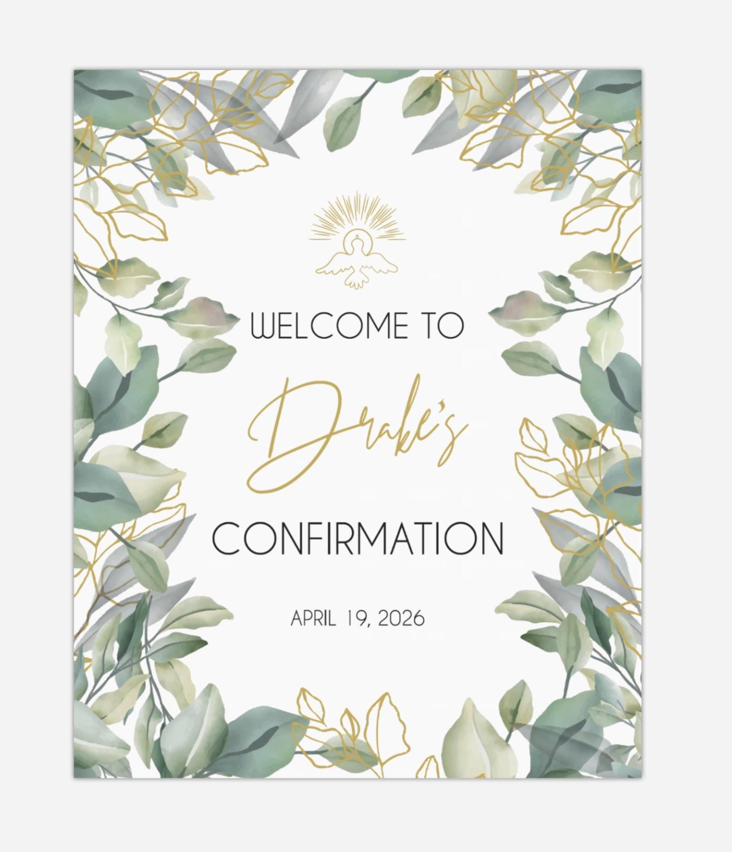Personalized Greenery Welcome Sign, Gold Text, First Communion, Confirmation