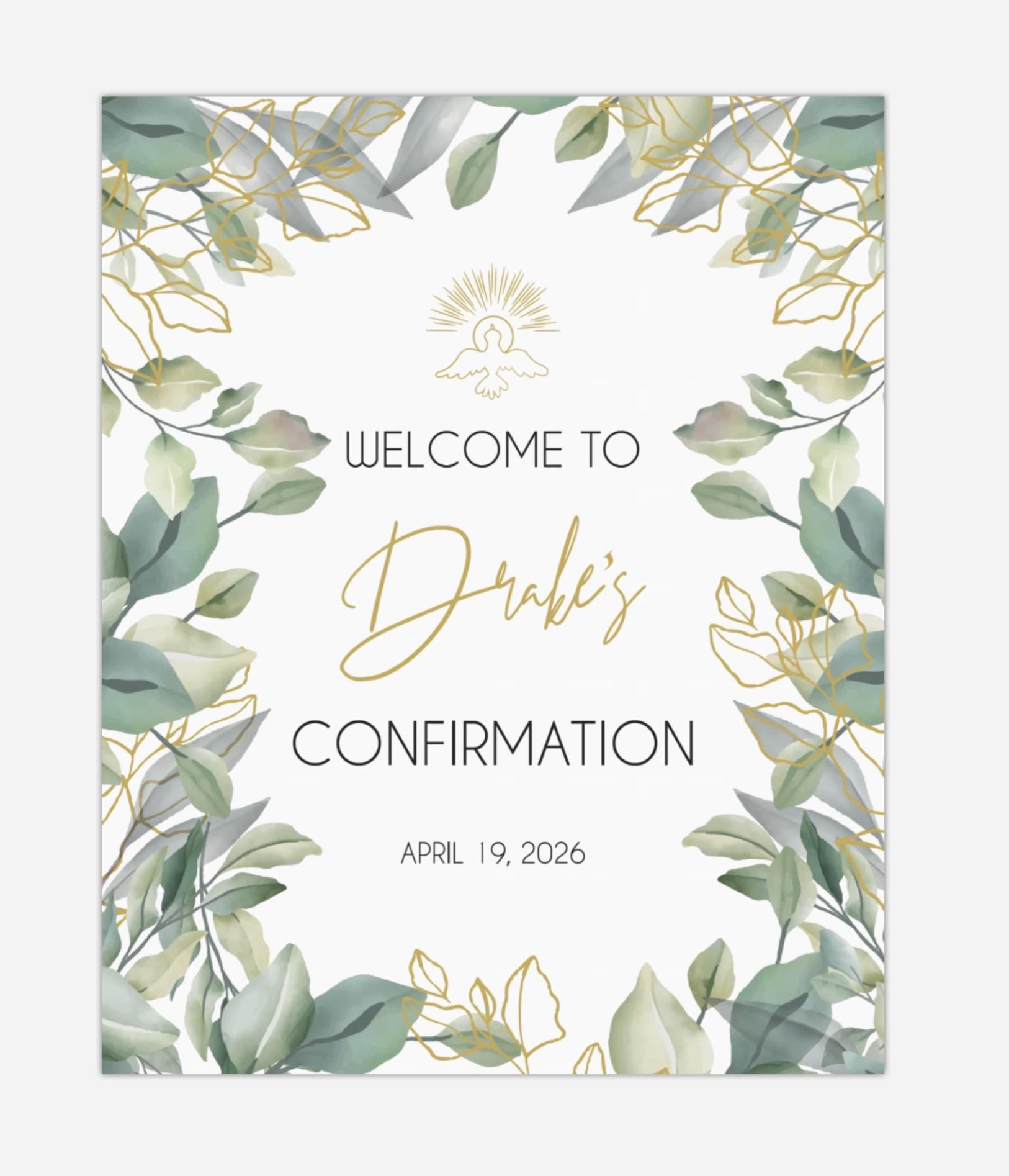 Personalized Greenery Welcome Sign, Gold Text, First Communion, Confirmation