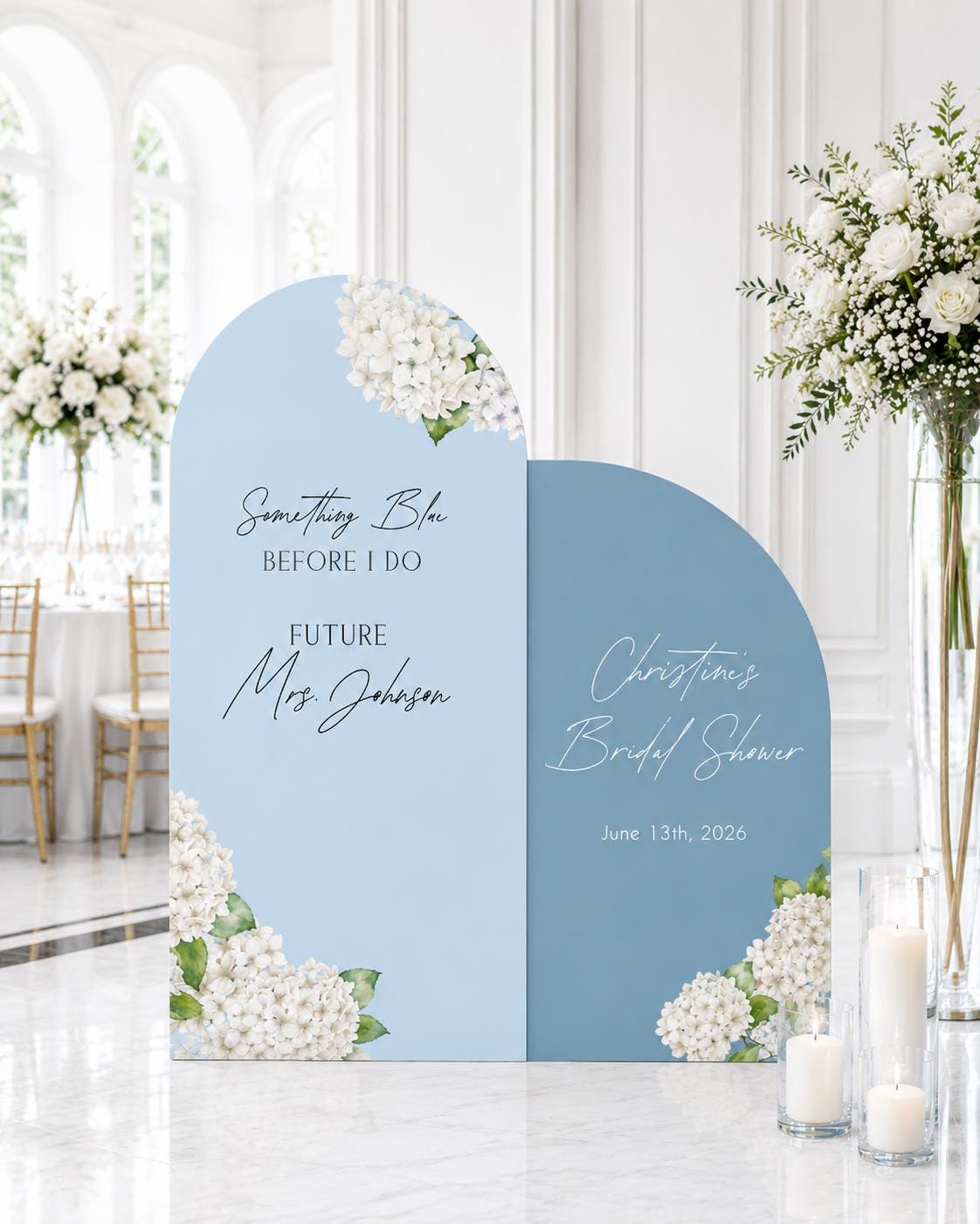 Floral Bridal Shower Backdrop: Something Blue Hydrangeas, Personalized Foam Panel