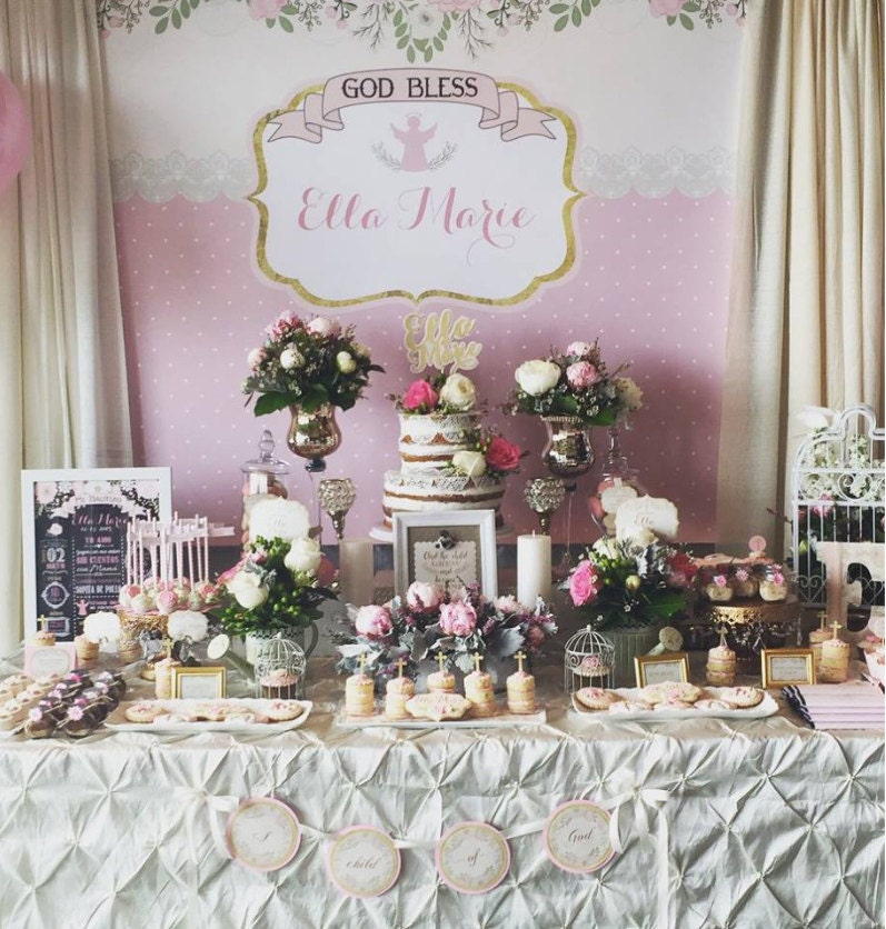 Floral Baptism Banner, Silver Glitter Angel, Personalized Backdrop