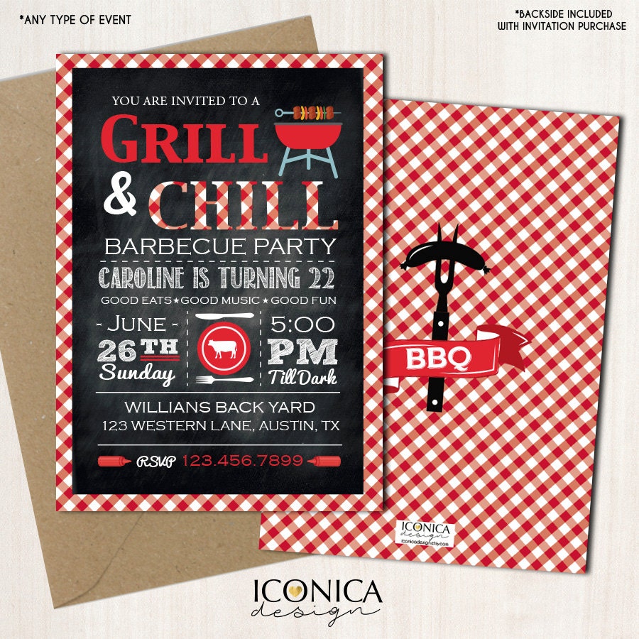 Red Gingham BBQ Birthday Invitation, Cookout Party Invite