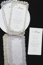 Load and play video in Gallery viewer, Menu Cards Laser Cut Design Floral Silver or Gold Glitter,Wedding Menus,Christmas Party Menus,Holiday Party Menu,NYE Party Menu,Winter Party
