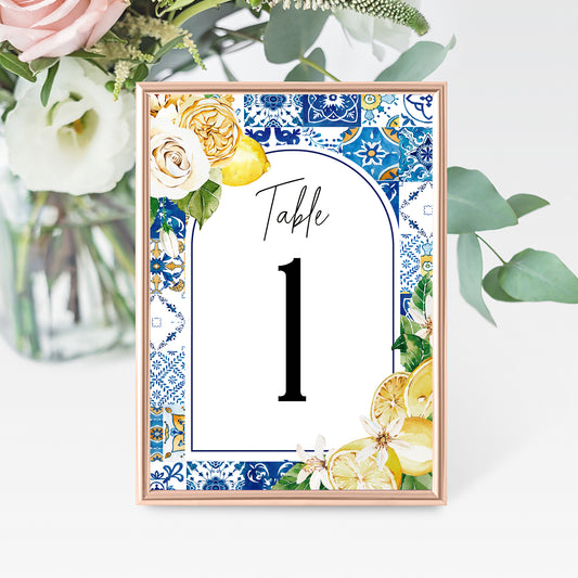 Tuscan Lemon Table Number Cards, Blue Tiles and Lemon Decorations Printed
