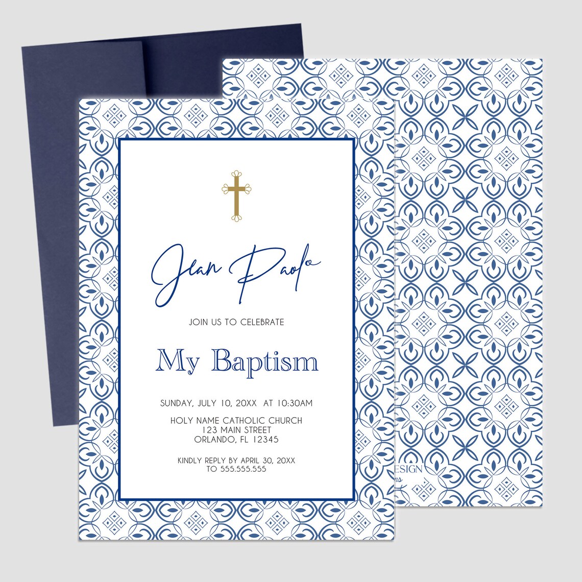 First Communion Invitation Boy or Girl Blue Tile Modern Invitations, Toscana Style Invitation,Any Religious Event