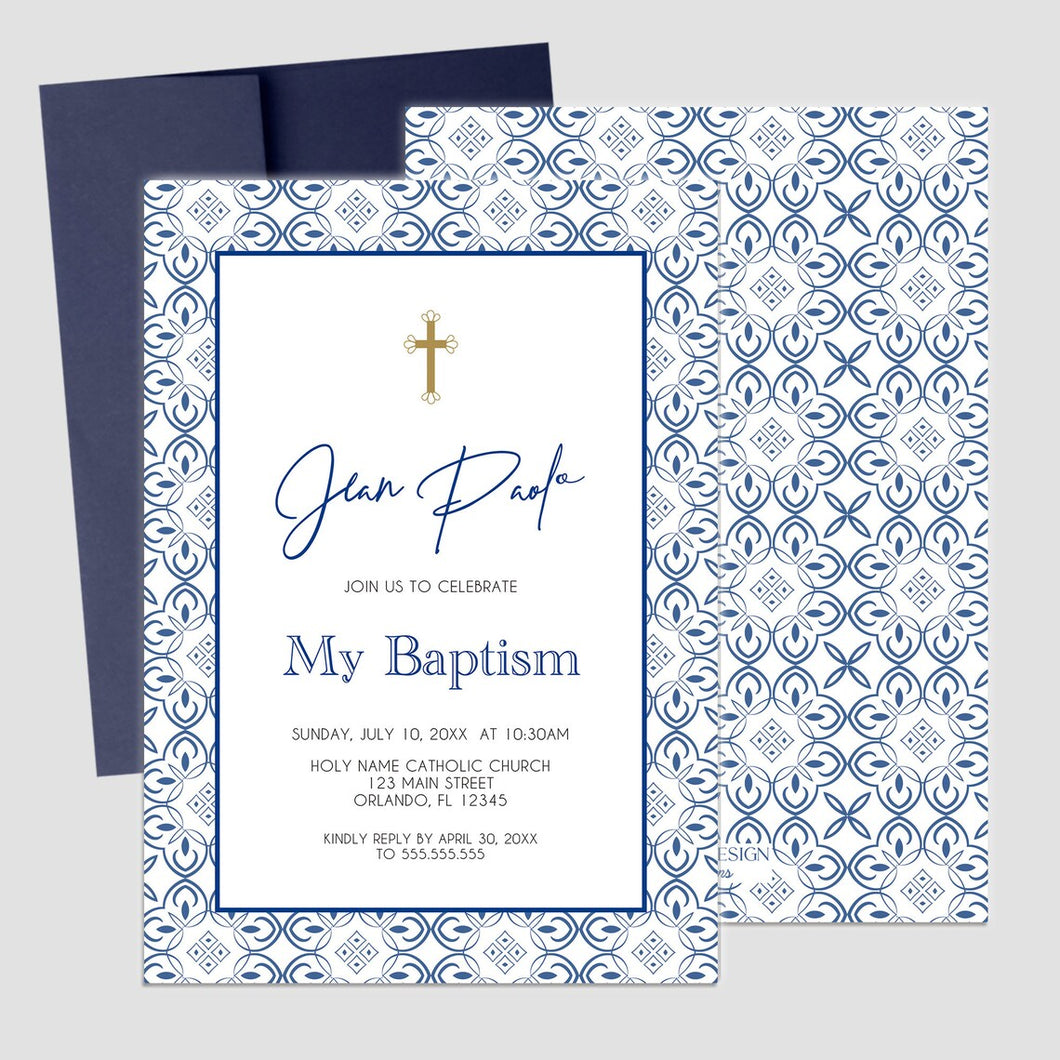 Baptism Invitation Boy or Girl Blue Tile Modern Invitations, Toscana Style Invitation,Any Religious Event