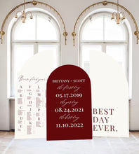 Load image into Gallery viewer, Large Wedding Seating Chart Arch Seating Chart Arched Panel with easel Entrance Sign Foam Board Custom text, color, Light Weight Indoor use
