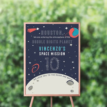 Load image into Gallery viewer, Galaxy birthday sign Personalized Double Digits Birthday Decor, Space theme Welcome Sign, Outer Space Entrance Sign, Out of this world Party
