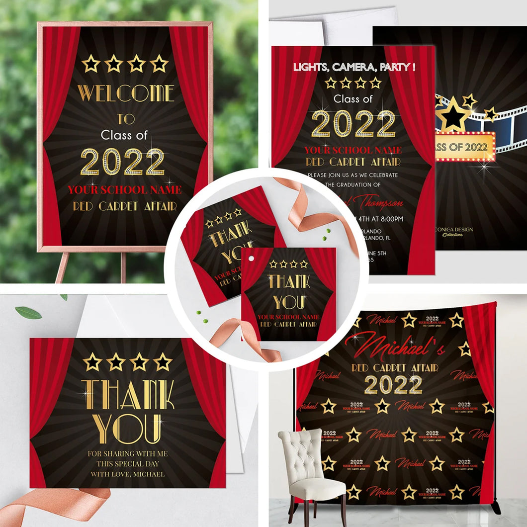 Hollywood Theme party Invitation and Decorations for Graduation, Movie Red Carpet Decorations,Hollywood Sign Banner Cards and Favor tags Set