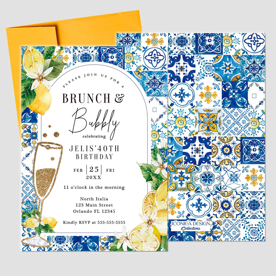 Tuscan Lemon Birthday Invitation,Blue Tile and Lemon Cards,Citrus Lemons Invitations,Country Lemons Invites for Bridal, Wedding or any event