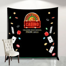 Load image into Gallery viewer, Casino Backdrop Graduation Party Personalized, Casino theme Prom party decorations, Casino Party Decor, Vegas Poker themed Backdrop
